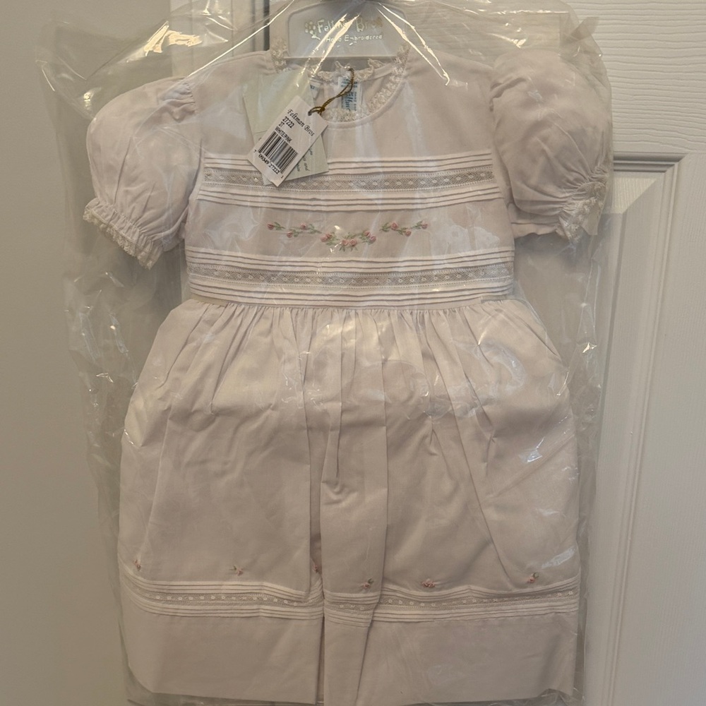 White Formal Girls Dress with Pink Floral Smocking- SIZE 3T!